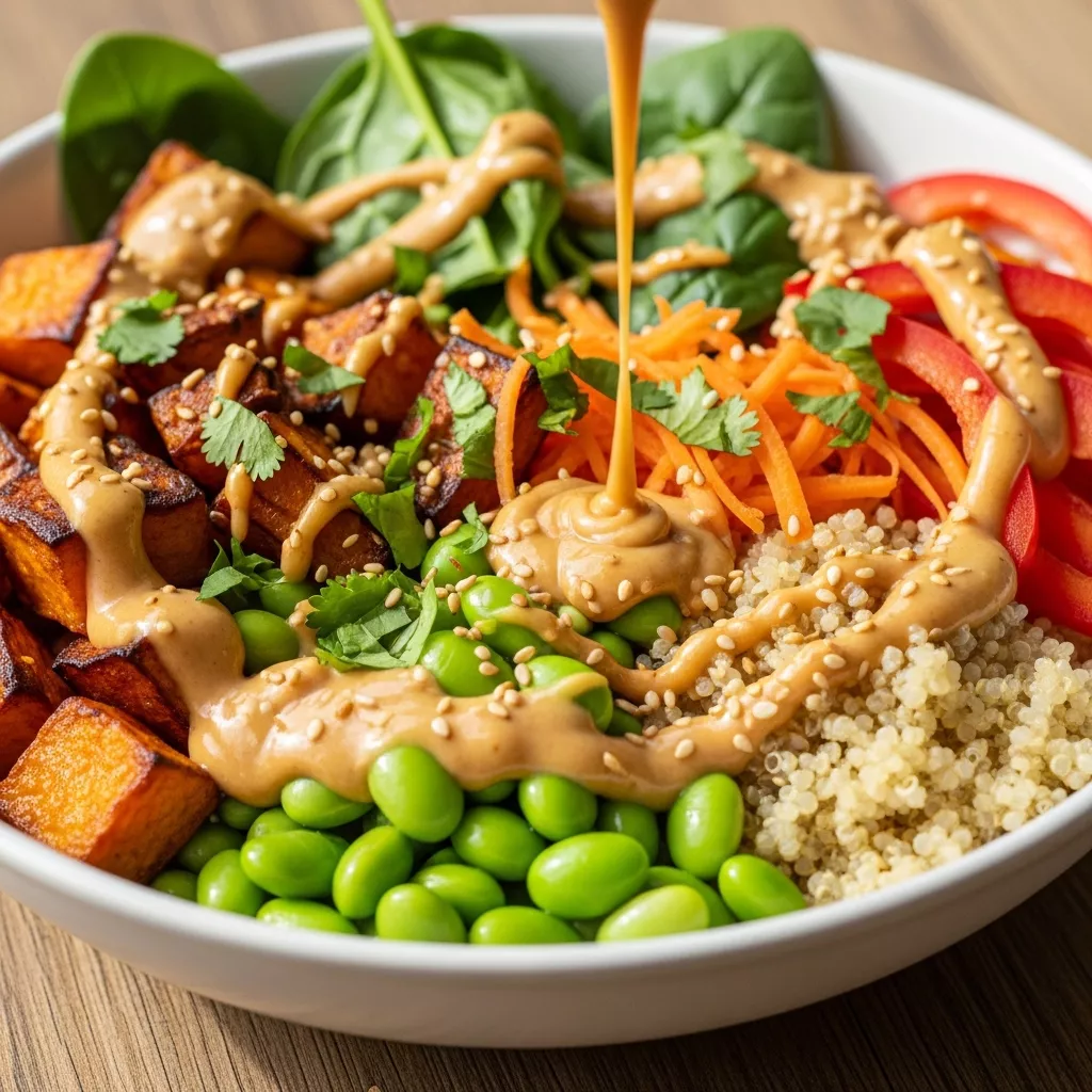 Macro close-up of a vibrant Creamy Thai Peanut Sweet Potato Nourish Bowl drizzled with rich peanut sauce.