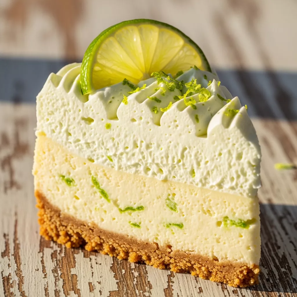 Close-up of a slice of Cloud Nine Zesty Lime Mousse Cheesecake with a graham cracker crust and lime garnish.