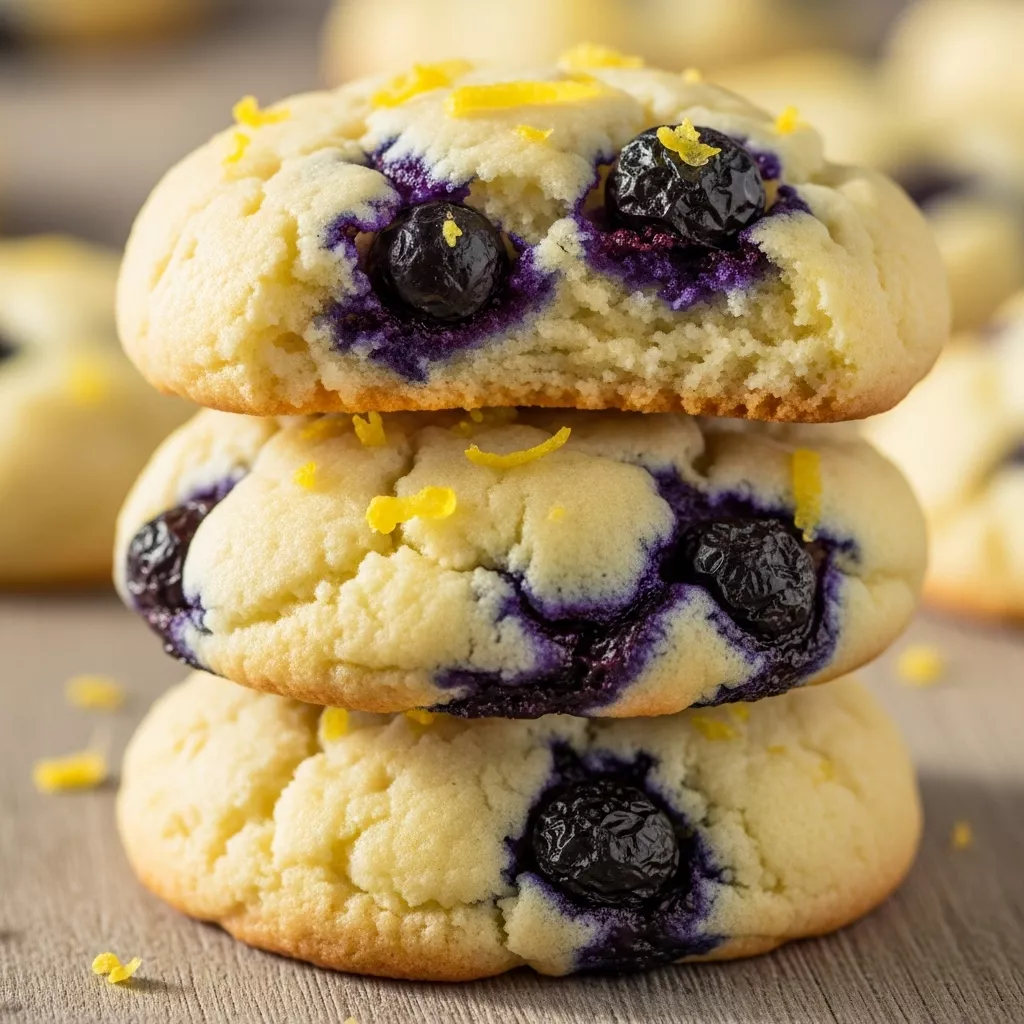 Stack of Zesty Blueberry Lemon Cloud Cookies on a rustic wooden board, showing soft texture, visible blueberries, and lemon zest.