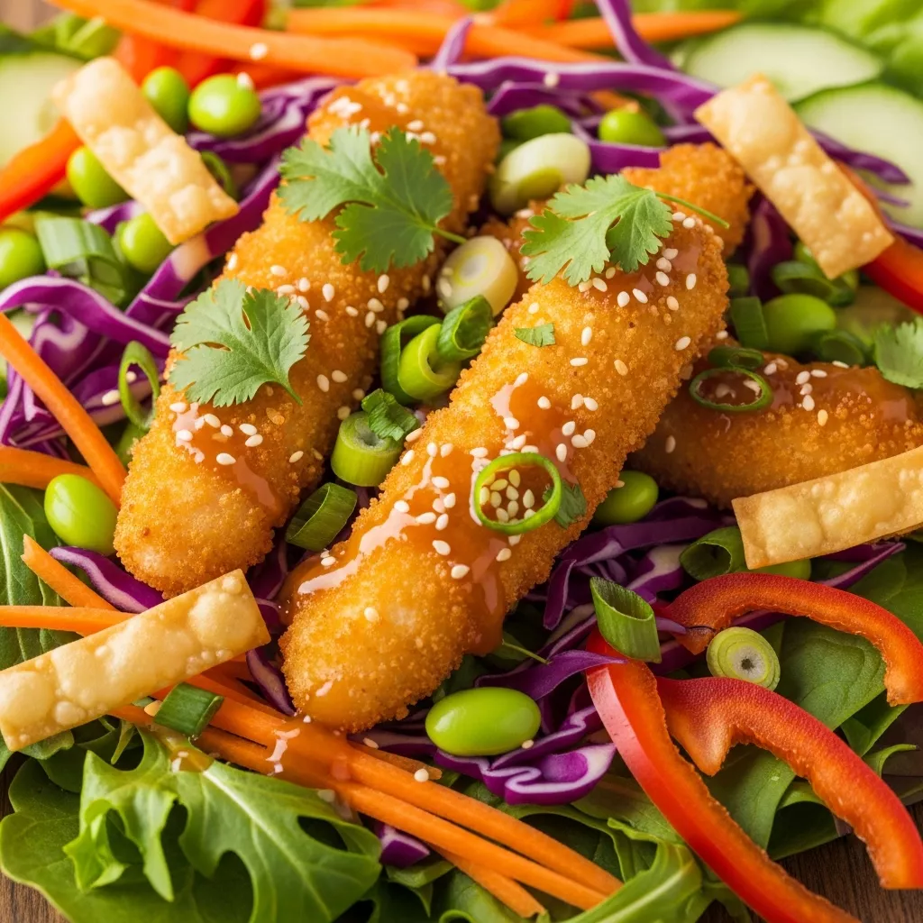 Close-up of a vibrant Quick Crispy Asian Chicken Crunch Salad with golden crispy chicken, fresh vegetables, and glossy sesame dressing.
