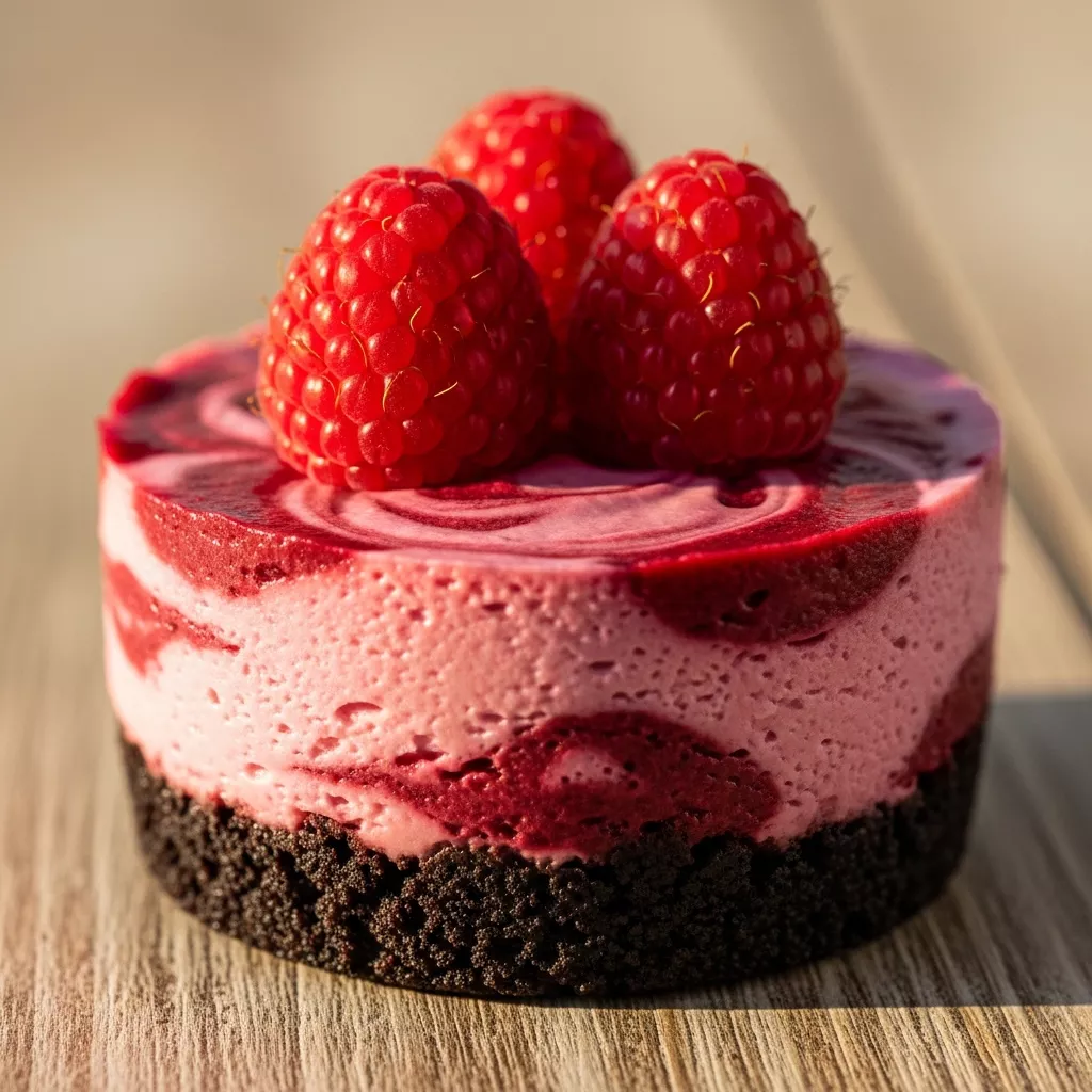 Macro close-up of a Velvet Raspberry Chocolate Dream Bite showing chocolate crust, raspberry swirl, and fresh raspberry garnish on a rustic wooden surface.