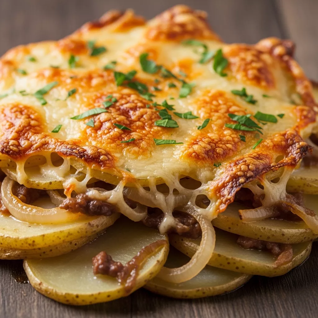 Macro close-up of a golden French onion potato bake with bubbly Gruyère cheese and fresh parsley