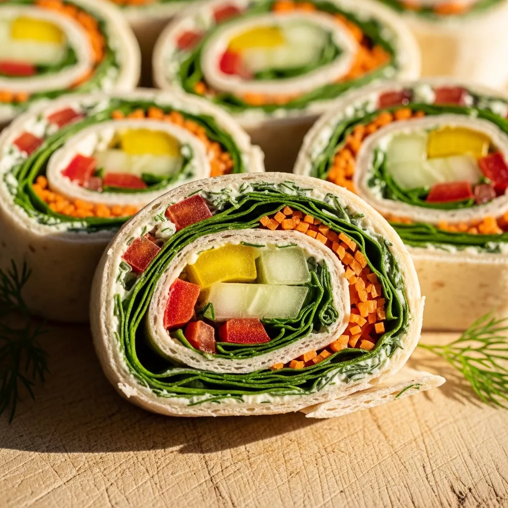Macro close-up of vibrant Zesty Garden Fresh Tortilla Pinwheels showing colorful vegetable layers and creamy dill spread.