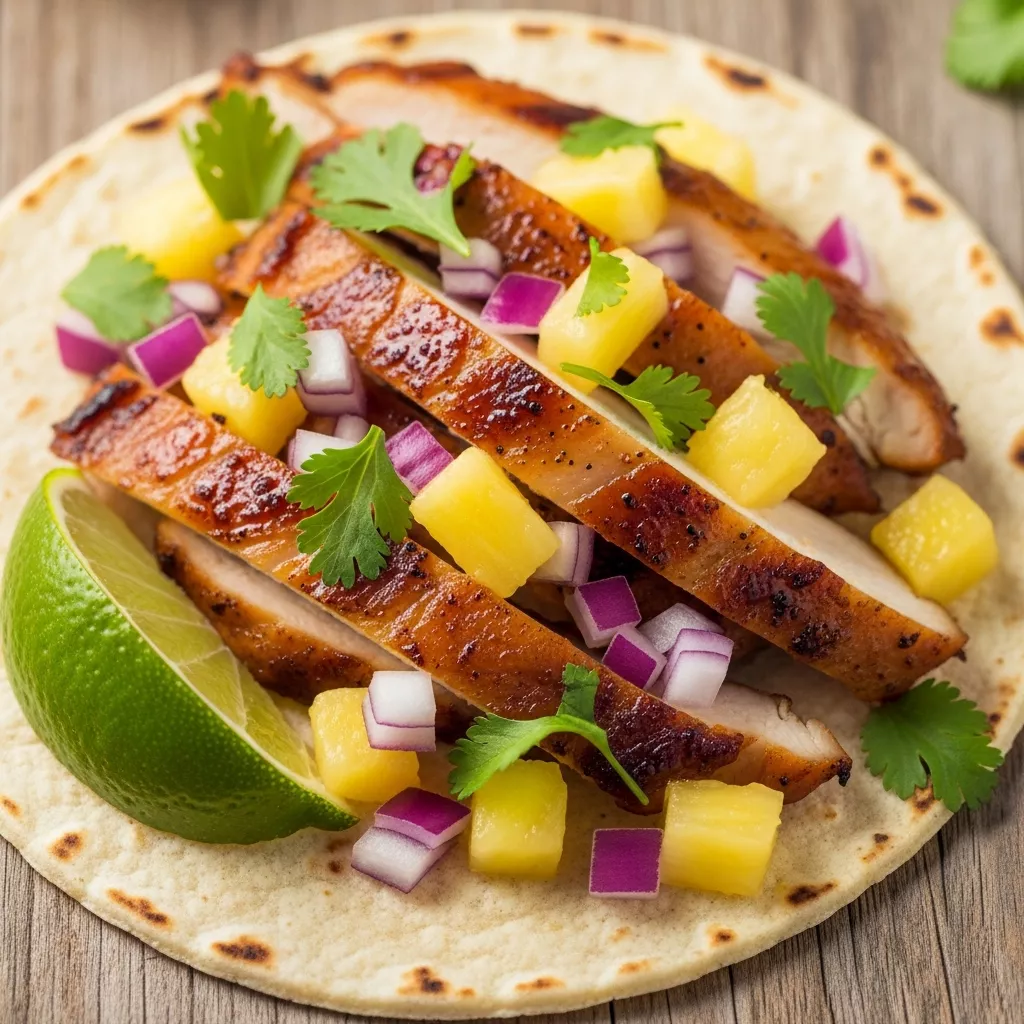 Macro close-up of a Zesty Pineapple Chicken Al Pastor taco, bursting with caramelized chicken, fresh pineapple, red onion, and cilantro on a warm corn tortilla, with a lime wedge.