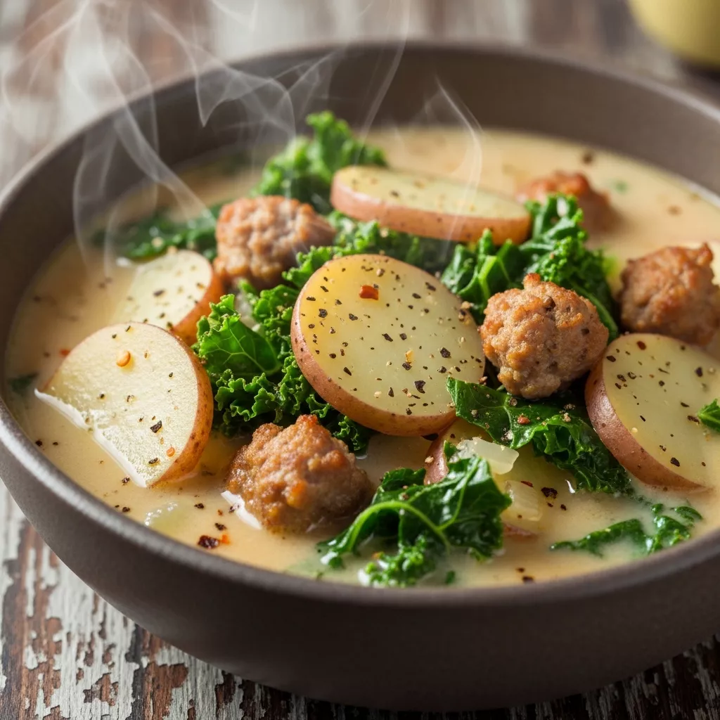 Macro close-up of creamy Zuppa Toscana with turkey sausage and kale in a rustic bowl