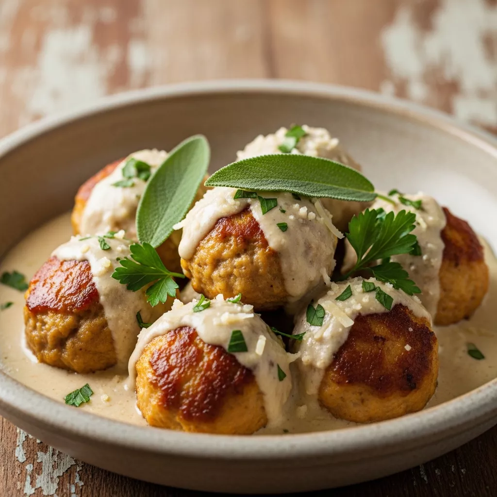 Macro close-up of Cozy Autumn Pumpkin Chicken Meatballs in creamy sage sauce, garnished with fresh herbs, on a rustic wooden surface.
