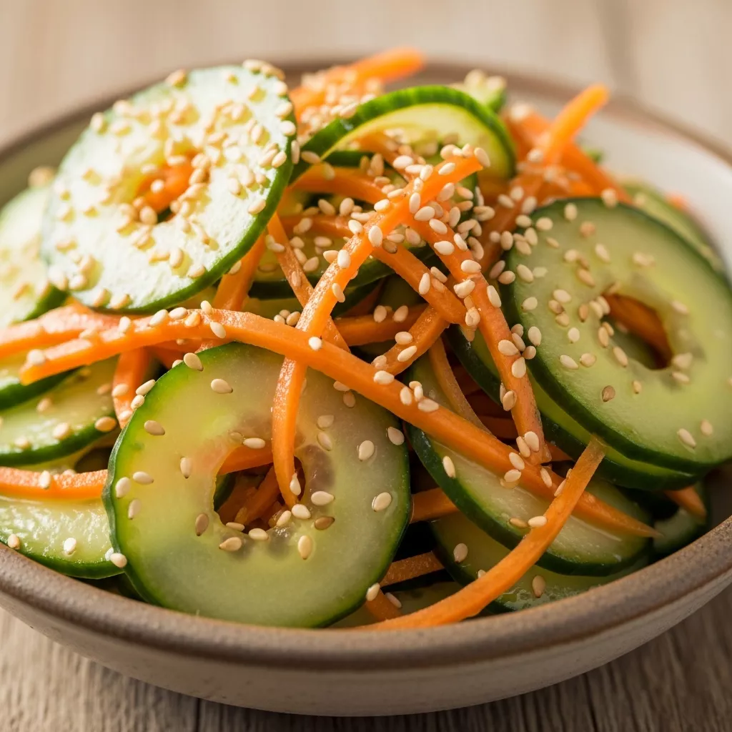 Close-up of vibrant crunchy sesame cucumber carrot slaw in a rustic bowl, garnished with toasted sesame seeds.