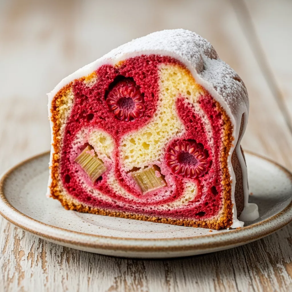 Macro close-up of a slice of Ruby Swirl Rhubarb Raspberry Dream Cake showing ruby and cream marble swirl.