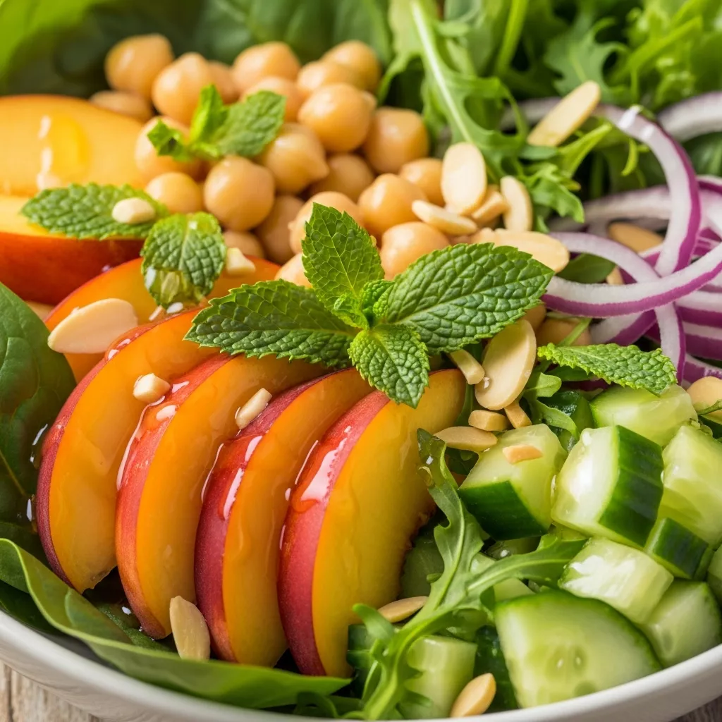Macro close-up of a vibrant Glow-Up Peach & Chickpea Power Bowl with Zesty Lime Drizzle, featuring sliced peaches, chickpeas, mixed greens, and fresh mint.
