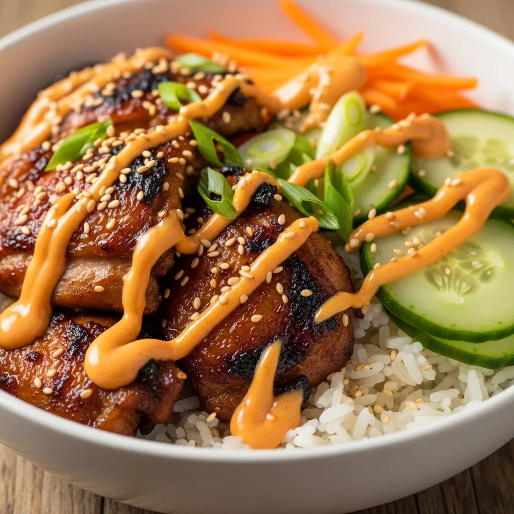 Macro close-up of a vibrant Korean BBQ Chicken Bowl with caramelized chicken, fresh vegetables, and zesty gochujang cream sauce.