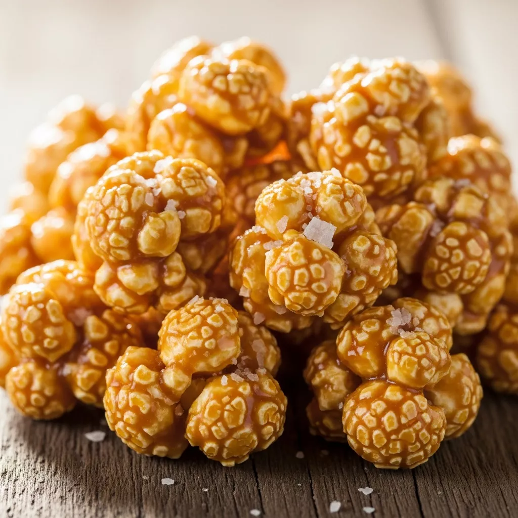 Golden Butterbeer Popcorn Clusters piled high, shimmering with caramel glaze and sea salt flakes on a rustic surface.