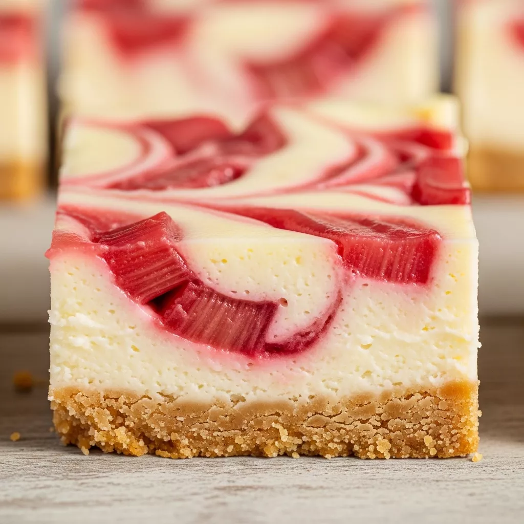 Sweet-Tart Rhubarb Swirl Cheesecake Bar with vibrant pink rhubarb swirls on a creamy white filling and golden shortbread crust.