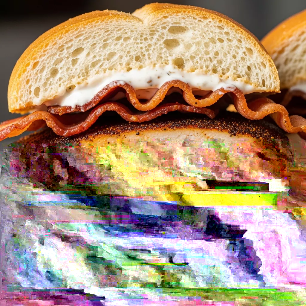 Macro close-up of a Sizzling Blackened Chicken Turkey Bacon Ranch Sandwich, cut in half, revealing juicy blackened chicken, crispy turkey bacon, creamy ranch, fresh lettuce, and tomato on toasted artisan bread.