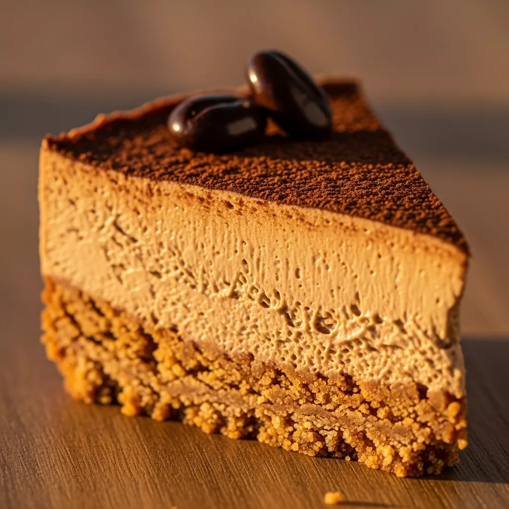 Macro close-up of a slice of Velvety No-Bake Espresso Dream Cheesecake with cocoa dusting and chocolate coffee beans on a rustic wooden surface.