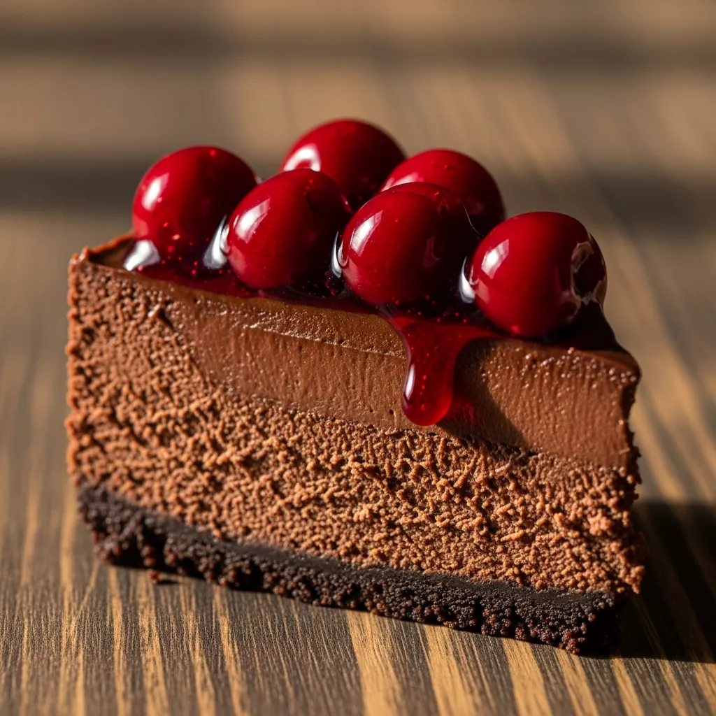 Decadent slice of Velvet Abyss Dark Chocolate Cherry Cheesecake with glistening cherry topping on a rustic wooden board.