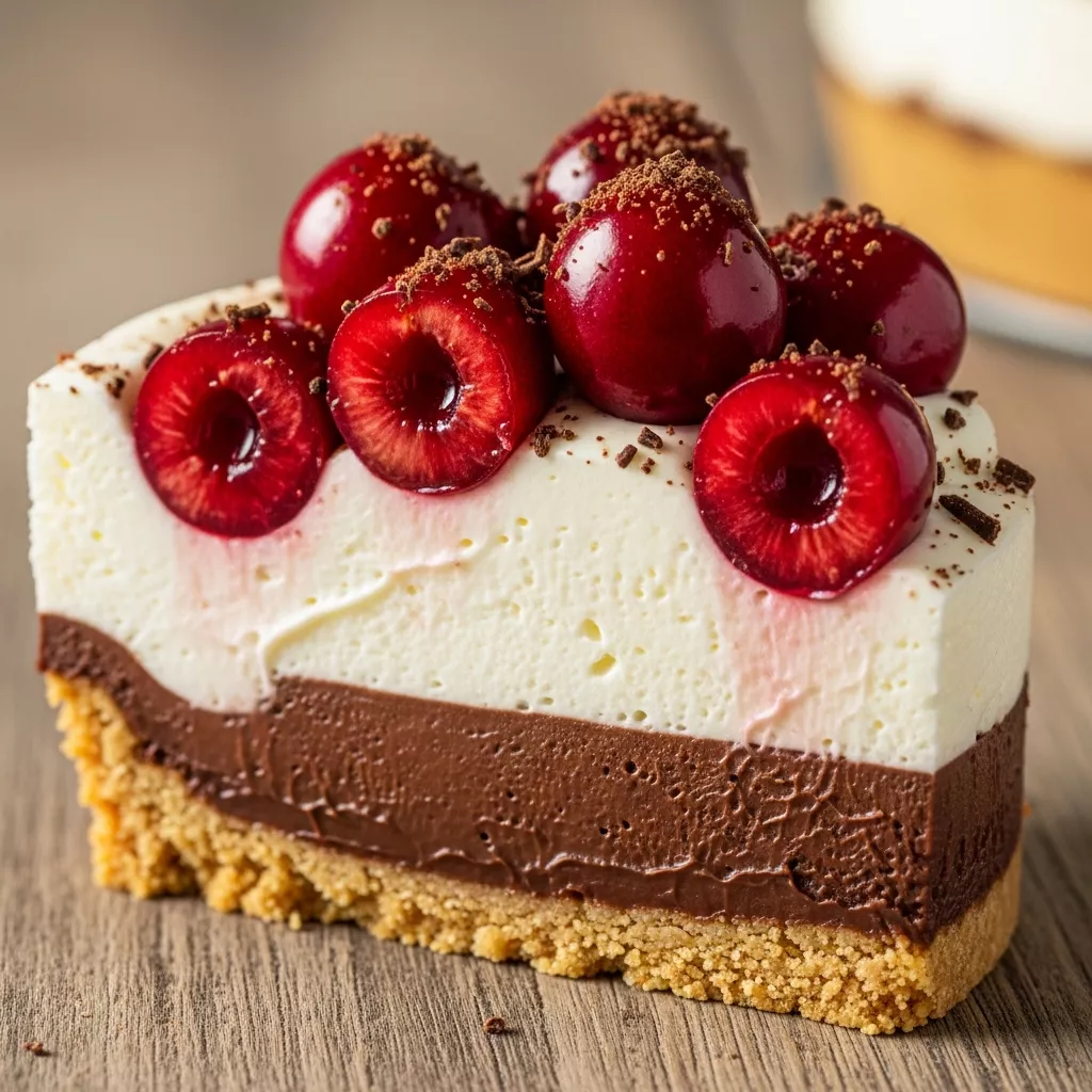 Macro close-up of a slice of Effortless Decadent Chocolate Cherry Cloud Pie showing layers of chocolate, cream, and cherries.