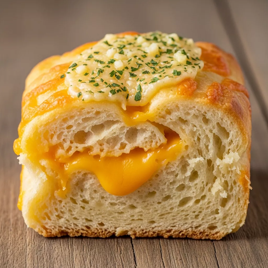 Macro close-up of a golden garlic cheddar biscuit loaf slice with melted sharp cheddar cheese and a glistening garlic butter topping on a rustic wooden surface.