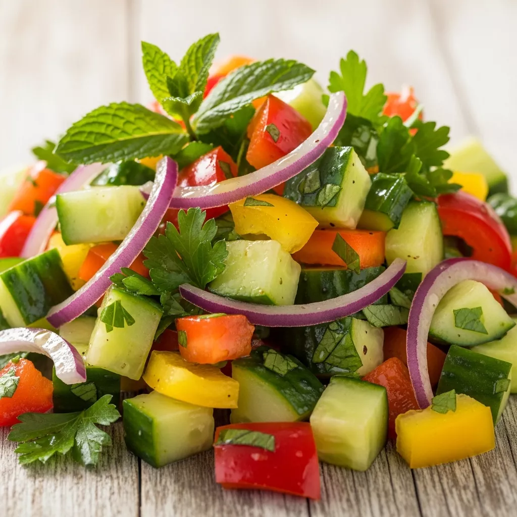Crisp Mediterranean cucumber and sweet pepper salad with fresh herbs, lemon vinaigrette, served on a rustic wooden surface.