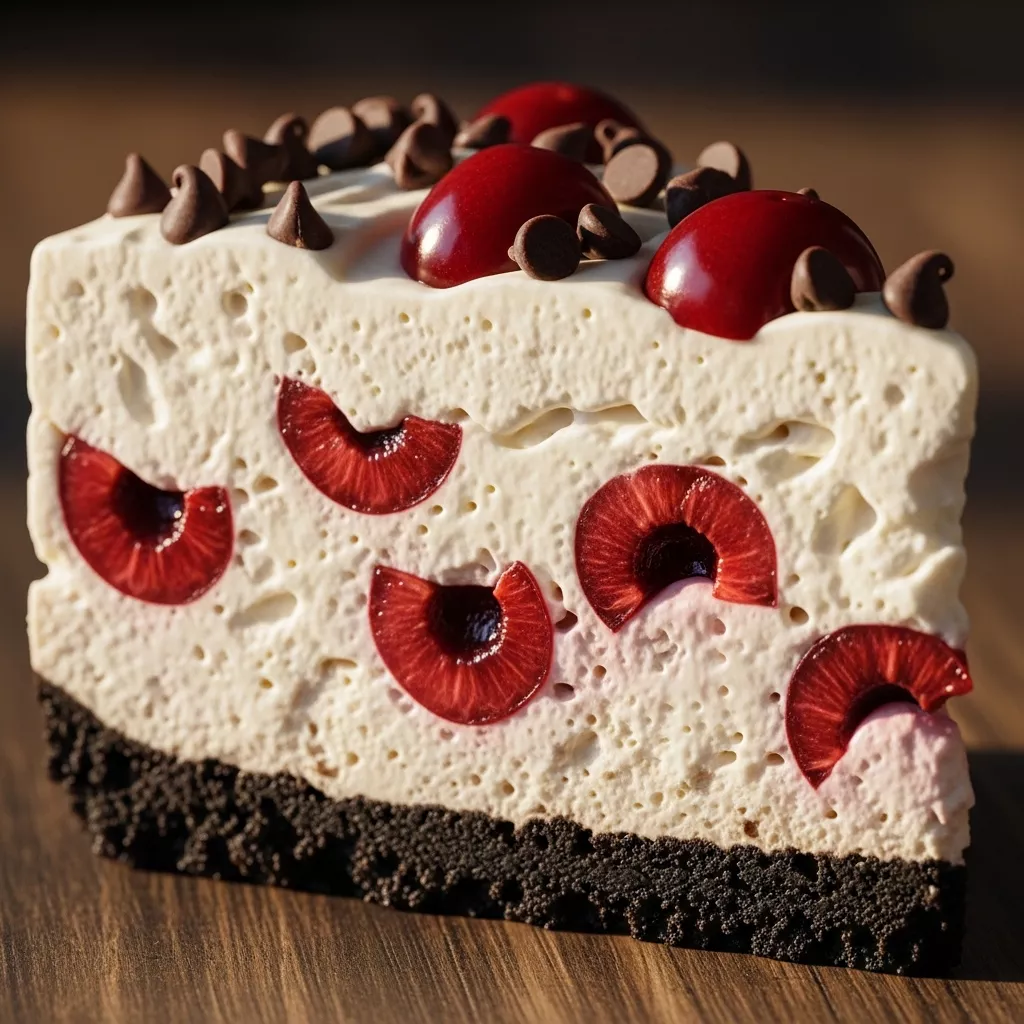 A macro close-up of a delicious slice of Velvet Cherry Chocolate Chip Oreo No-Bake Cheesecake, showing layers of Oreo crust, creamy filling, fresh cherries, and mini chocolate chips.