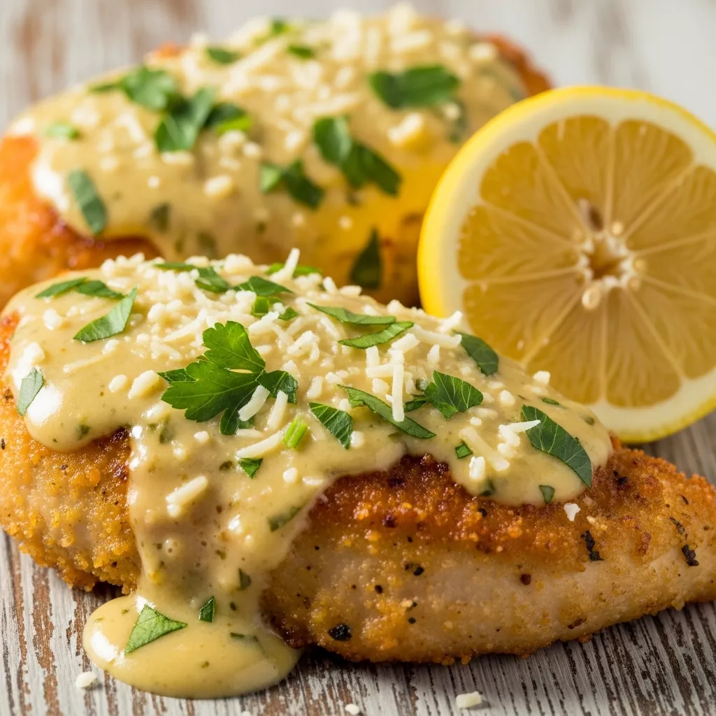 Macro close-up of golden-crusted Zesty Lemon Romano Chicken in a vibrant lemon-herb sauce, garnished with parsley and lemon.