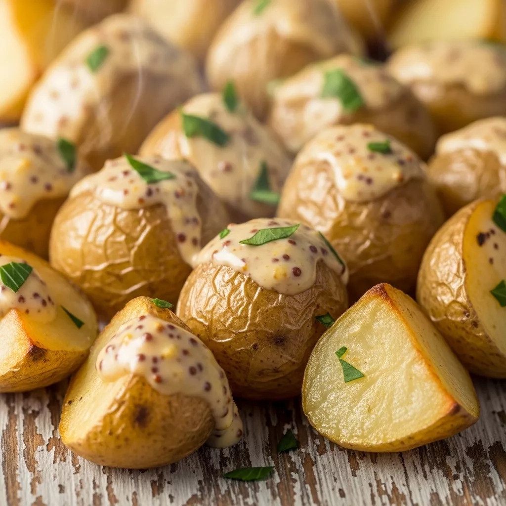 Macro close-up of golden-brown creamy mustard roasted potatoes garnished with fresh parsley on a rustic wooden board.