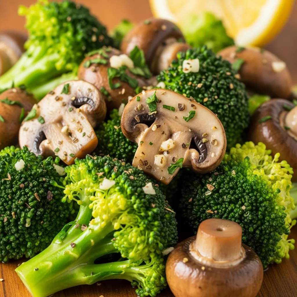 Macro close-up of vibrant garlic herb sautéed mushrooms and broccoli, garnished with fresh parsley and a hint of lemon.