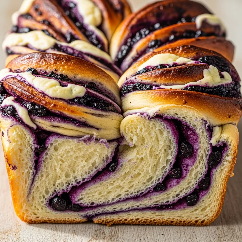 Macro close-up of a freshly baked Cloud-Like Blueberry Cream Cheese Babka, showing golden crust and vibrant blueberry and cream cheese swirls.