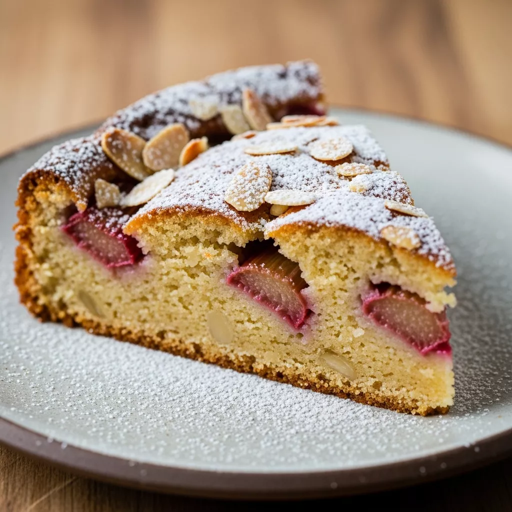 Macro close-up of a slice of Sunshine Rhubarb Almond Bliss Torte on a rustic plate, dusted with powdered sugar and topped with sliced almonds.