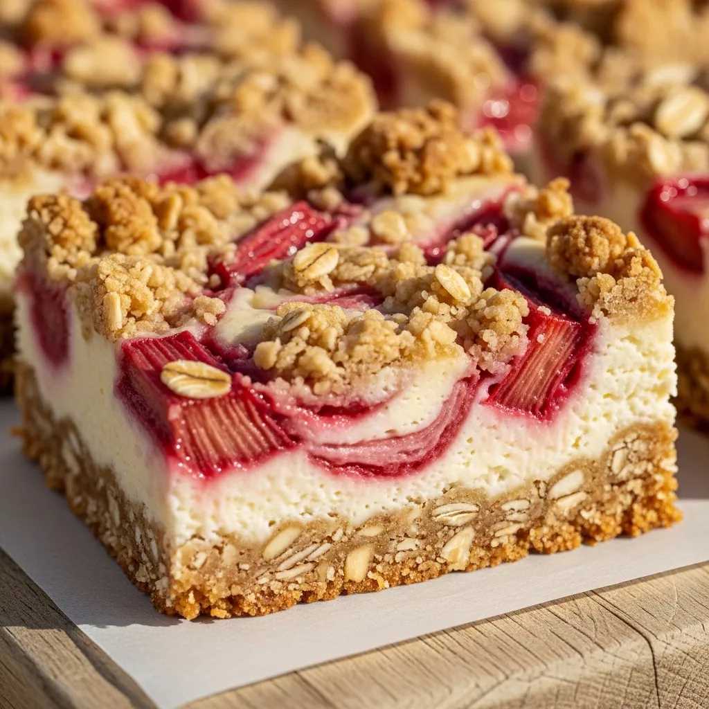 Macro close-up of a Rhubarb Swirl Cheesecake Crumble Bar showing layers of golden oat crumble, creamy cheesecake, and vibrant rhubarb compote.