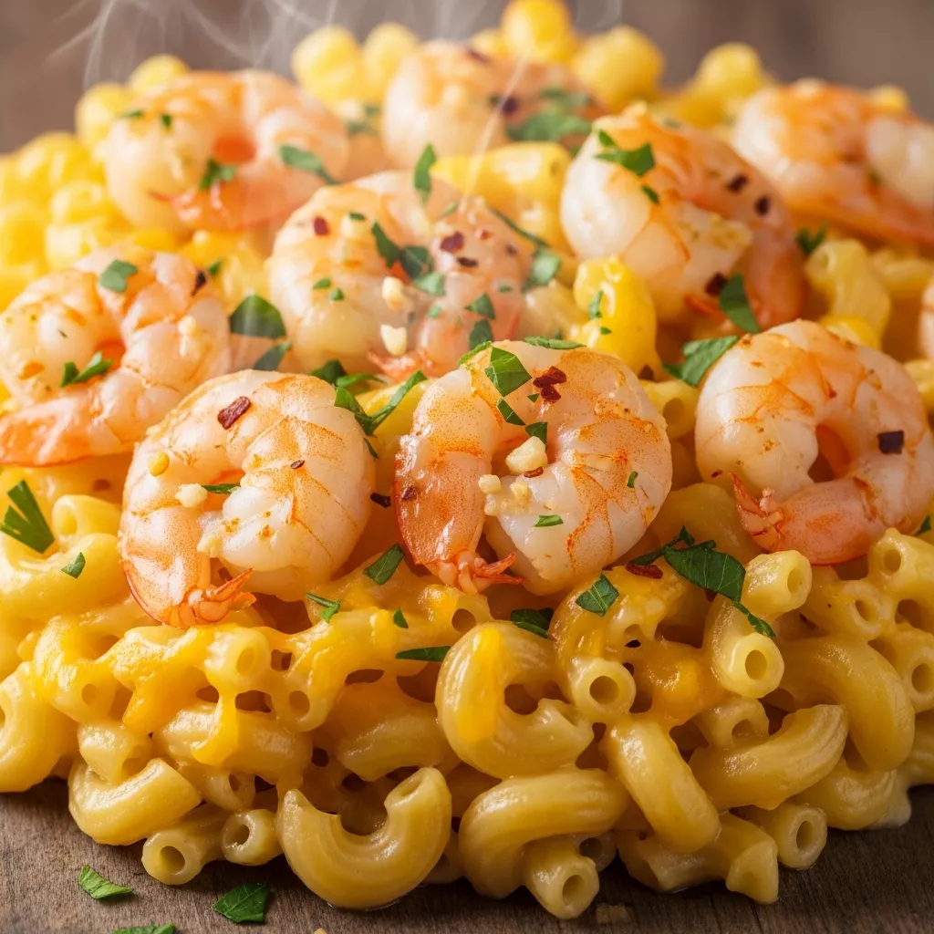 Decadent Garlic Shrimp Mac and Cheese with a golden, bubbly crust, rich cheese sauce, plump garlic shrimp, and fresh parsley garnish.