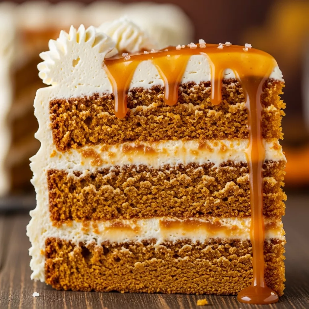 A decadent slice of Spiced Pumpkin Dream Cake with Salted Caramel and Cream Cheese Frosting, beautifully plated on a rustic wooden surface.