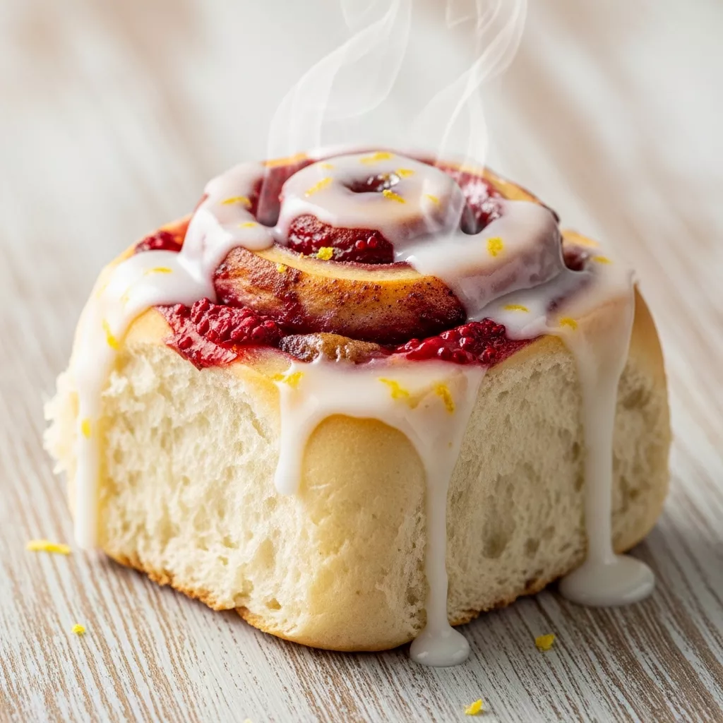 Macro close-up of warm raspberry cinnamon roll with lemon glaze and zest