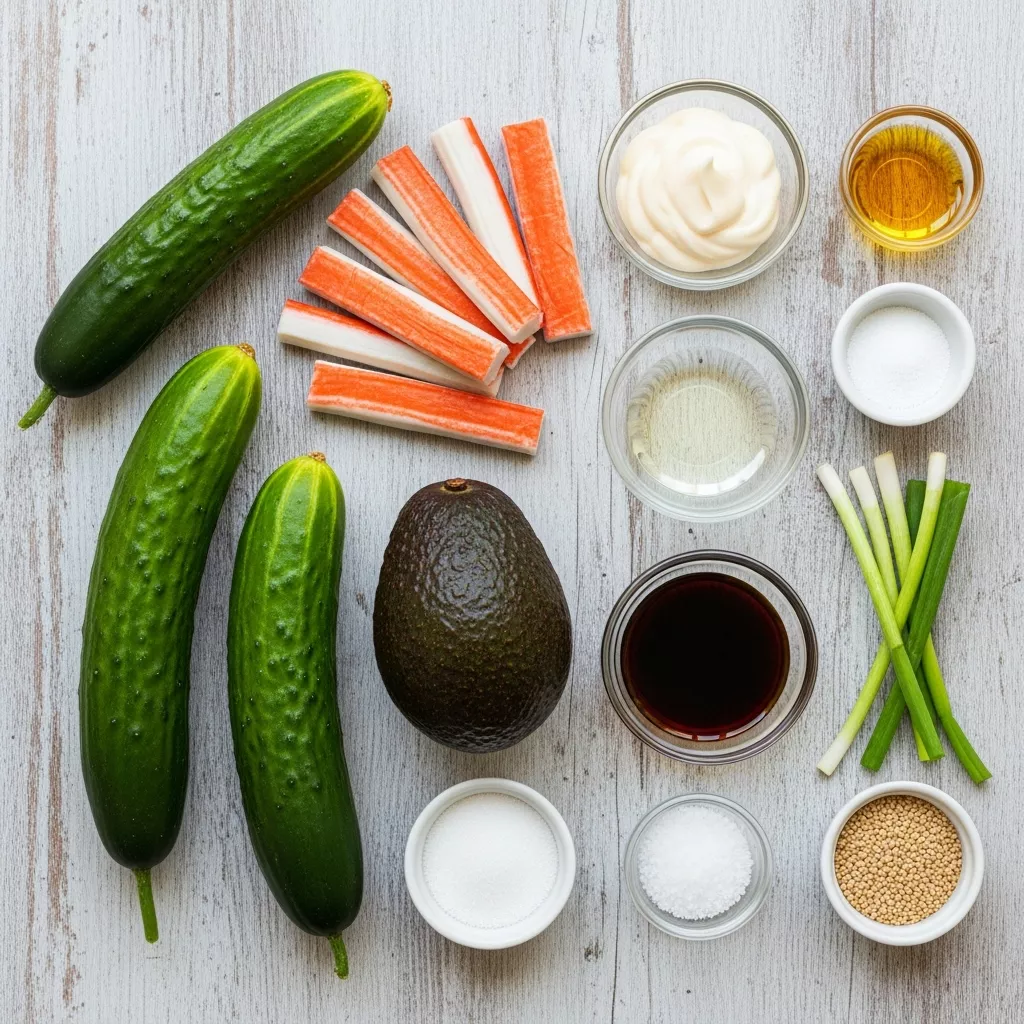 Ingredients for Effortless Creamy Sushi Cucumber Salad: Refreshing & Flavorful