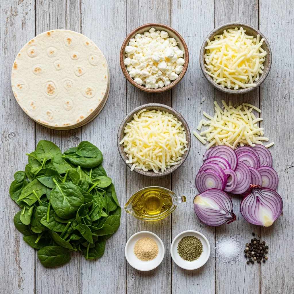Ingredients for Golden Crispy Mediterranean Quesadillas: Spinach, Feta, & Mozzarella