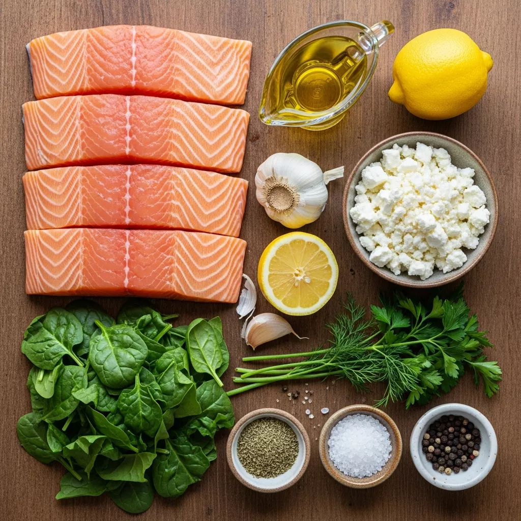 Ingredients for Mediterranean Marvel: Gluten-Free Feta & Spinach Stuffed Salmon
