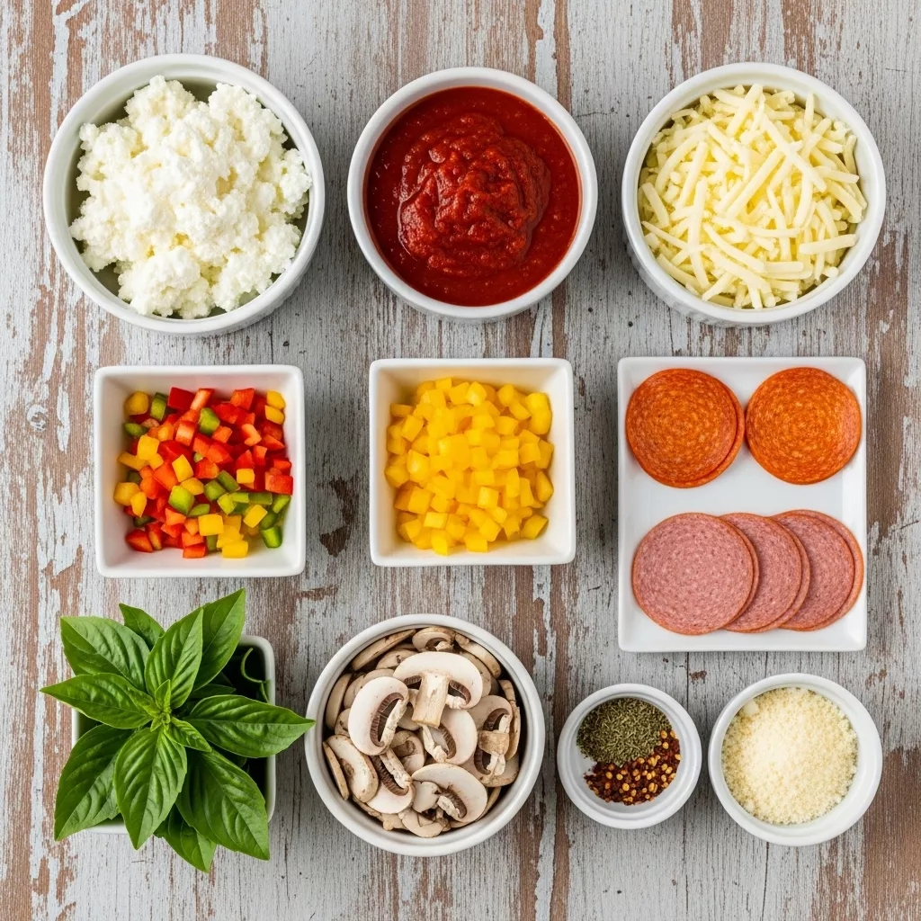 Ingredients for High-Protein Cheesy Cottage Pizza Bowl