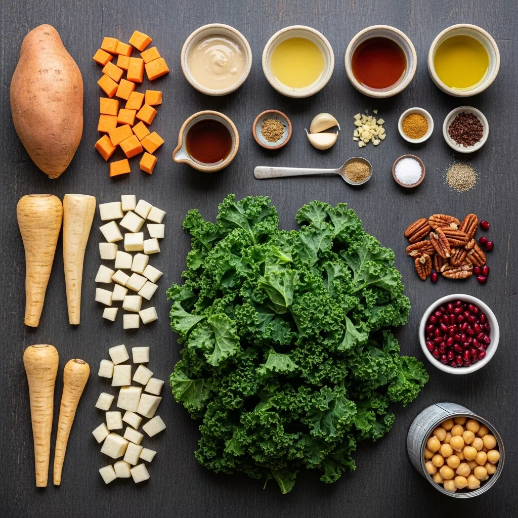Ingredients for Cozy Roasted Root Winter Salad with Maple-Tahini Drizzle