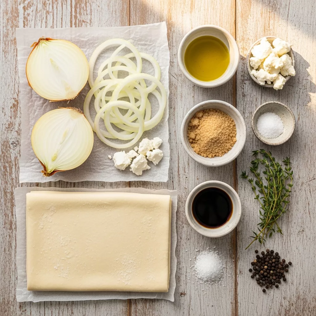 Ingredients for Effortless Golden Onion & Creamy Goat Cheese Tarts: Ready in 3 Steps