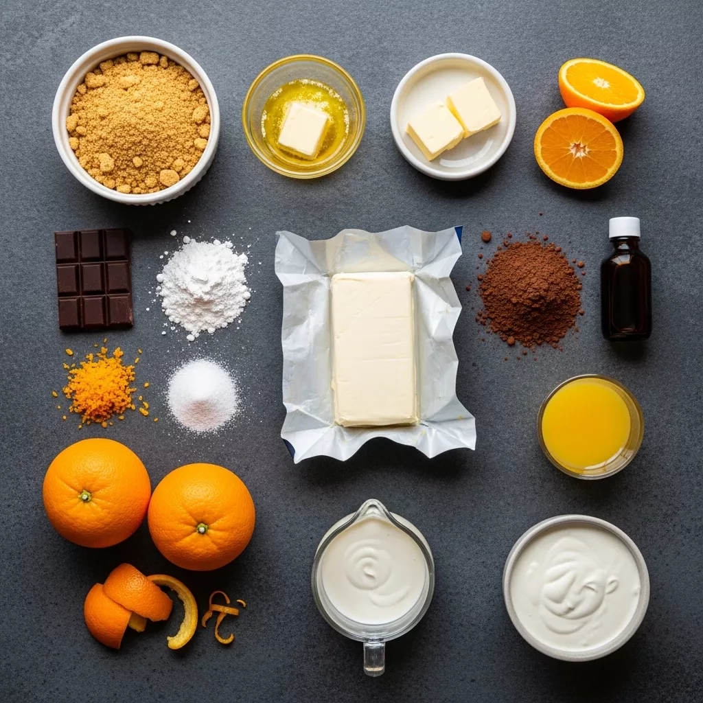 Ingredients for Velvety No-Bake Chocolate Orange Cheesecake Dream