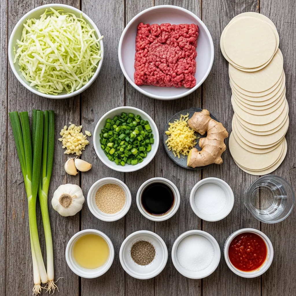 Ingredients for Pan-Seared Golden Cabbage & Beef Dumplings with Zesty Dip