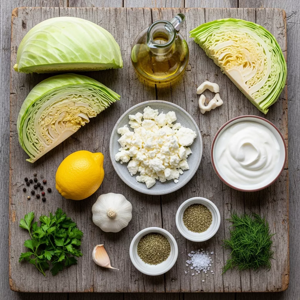 Ingredients for Golden Blistered Cabbage Steaks with Creamy Lemon Feta