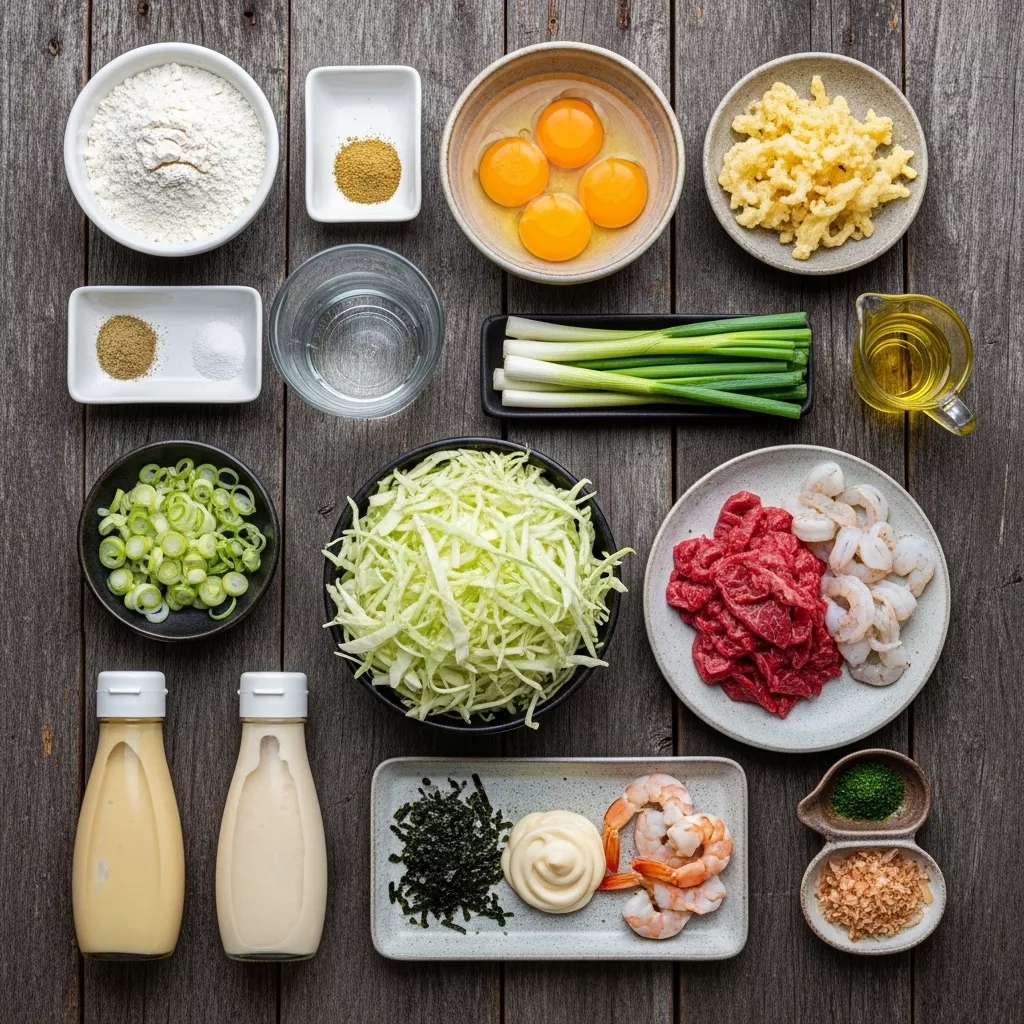 Ingredients for Fluffy Umami-Packed Okonomiyaki: Savory Japanese Cabbage Pancakes