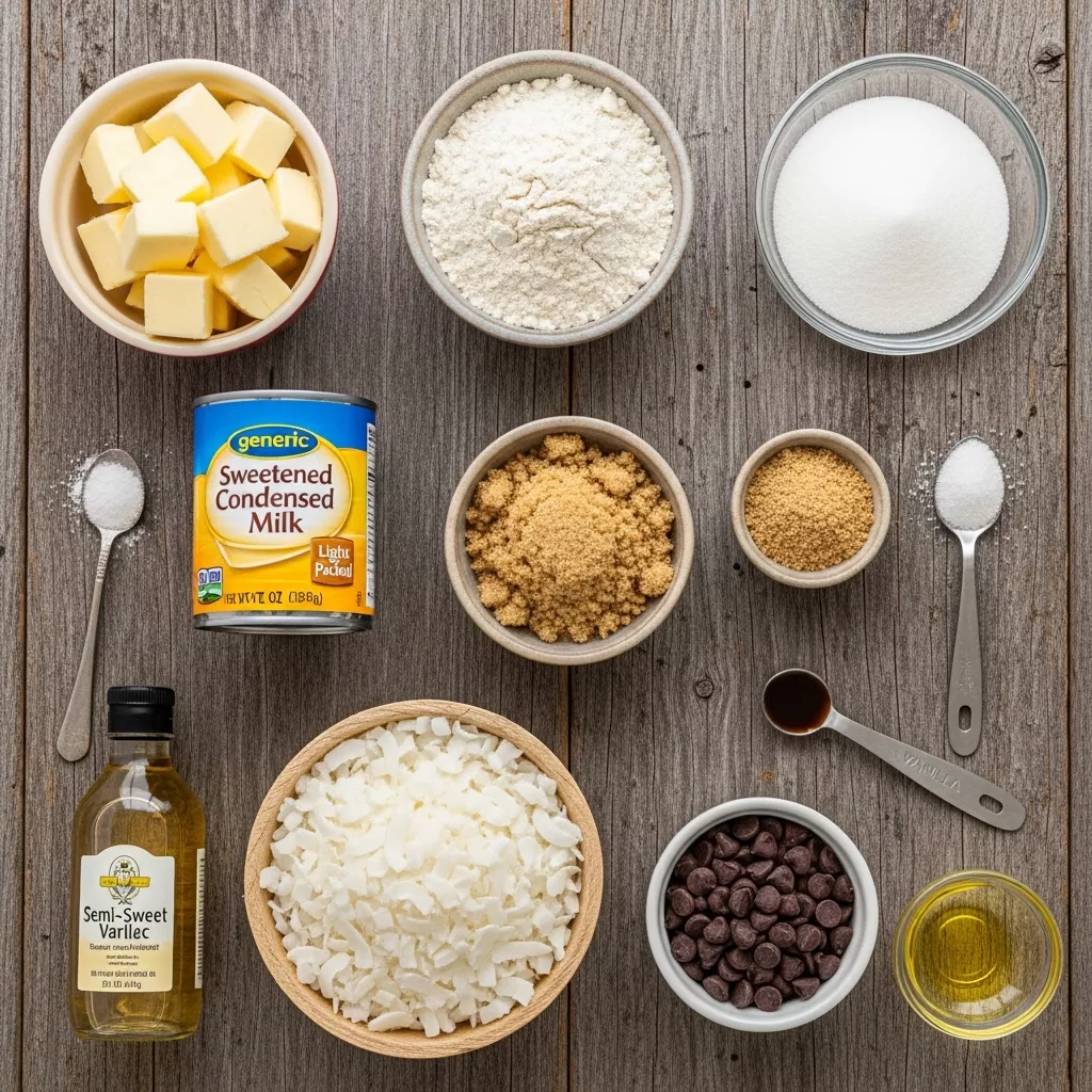 Ingredients for Divine Toasted Coconut Caramel Dream Bars