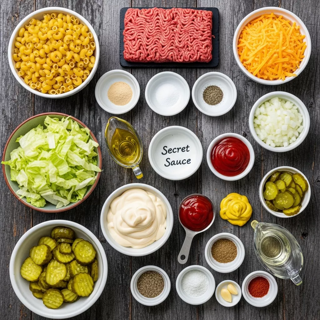 Ingredients for The Ultimate Big Mac Inspired Pasta Salad Extravaganza