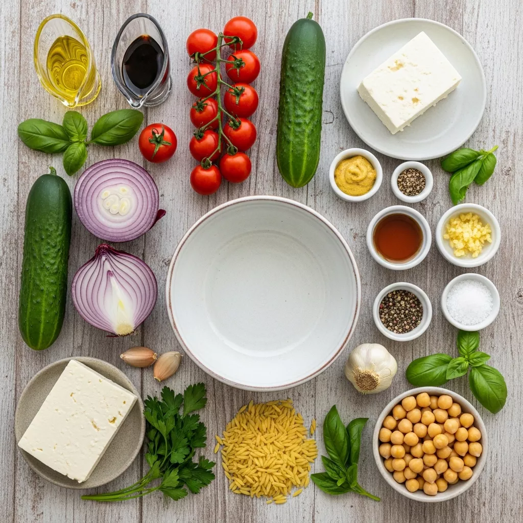 Ingredients for Vibrant Mediterranean Orzo Salad with Zesty Balsamic Dressing
