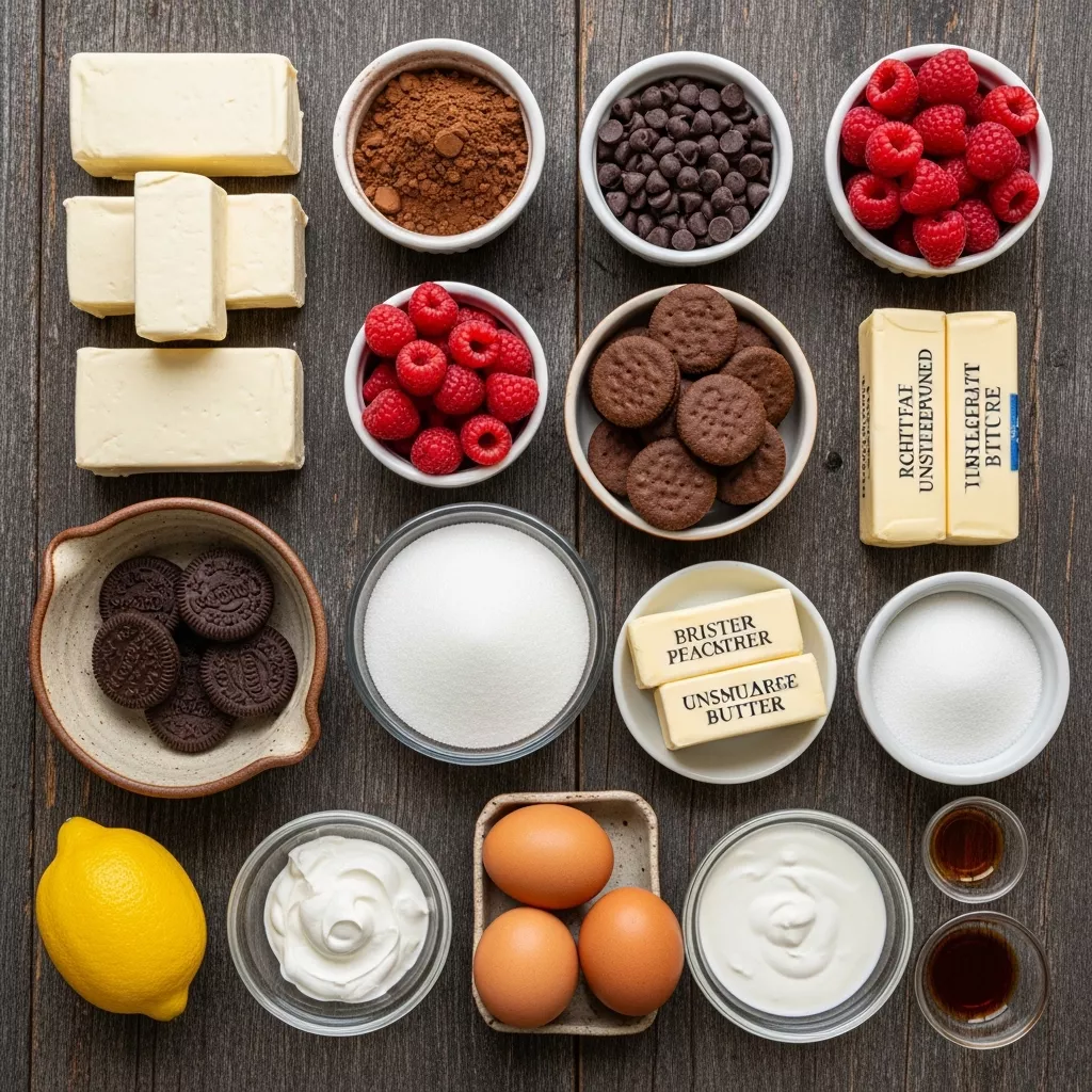 Ingredients for Ultimate Dark Chocolate Raspberry Cheesecake: A Swirl of Pure Bliss