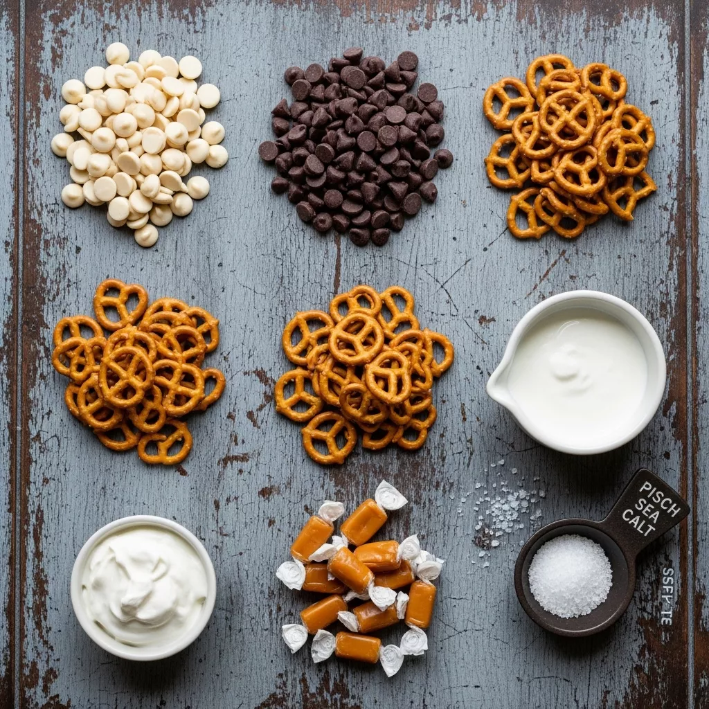 Ingredients for Effortless Salted Caramel Pretzel Bark: A Sweet & Salty Dream