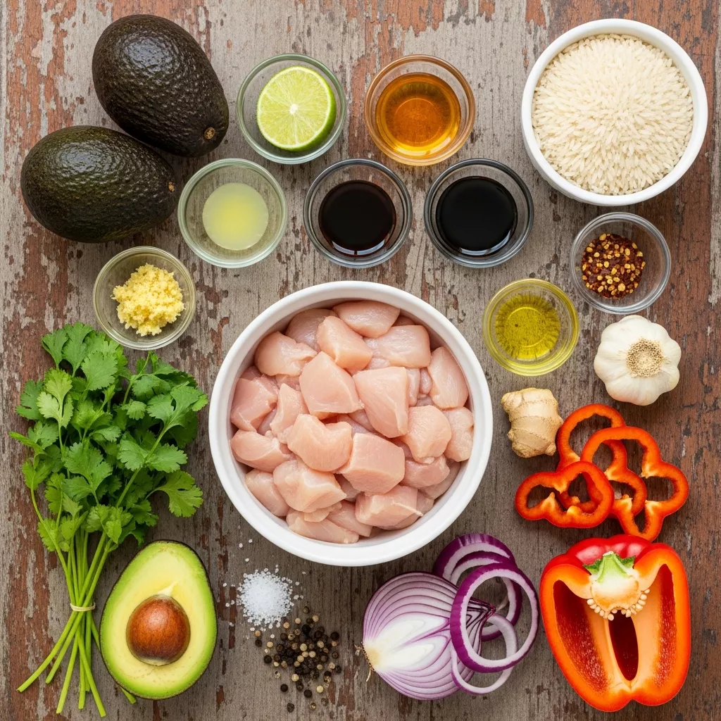 Ingredients for Vibrant Honey Lime Chicken & Avocado Rice Bowls for Effortless Meal Prep