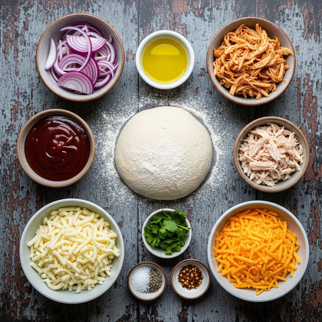 Ingredients for Smoky Sweet BBQ Chicken Pizza with Golden Caramelized Onions