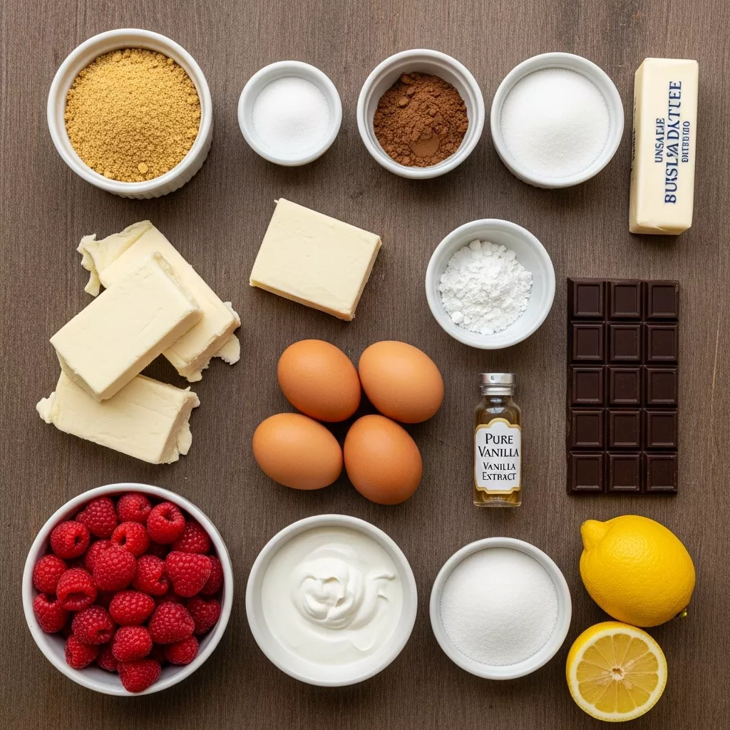 Ingredients for Velvet Dark Chocolate Raspberry Dream Cheesecake